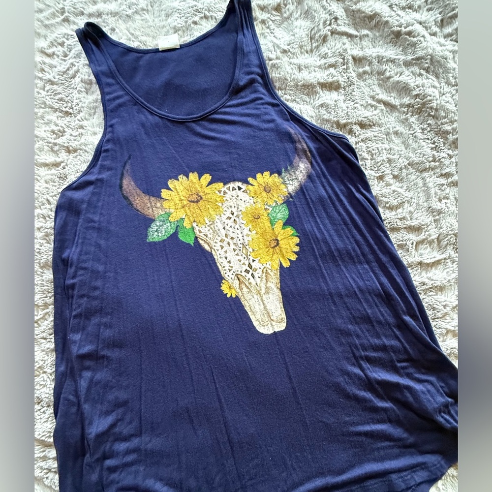 Floral Skull Graphic Tank Top - Blue